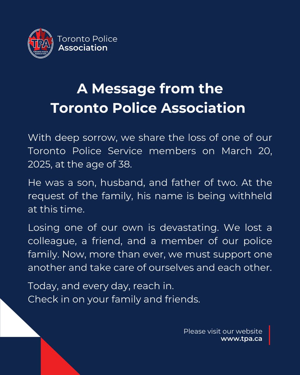 With deep sorrow, we share the loss of one of our Toronto Police Service members. At the request of the family, we will not be providing further details.

Losing one of our own is devastating. We lost a colleague, a friend, and a member of our police family. Now, more than ever,