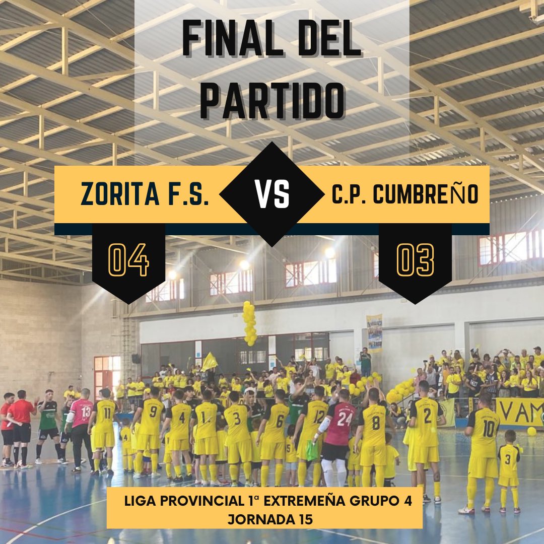 🏁 Final del partido 🏁

🏆 LIGA PROVINCIAL 1ª EXTREMEÑA GRUPO 4

📆 15ª Jornada

ZORITA F.S.|4️⃣➖3️⃣| C.P. Cumbreño

#AmarilloEsMiColor 💛 #ZFS