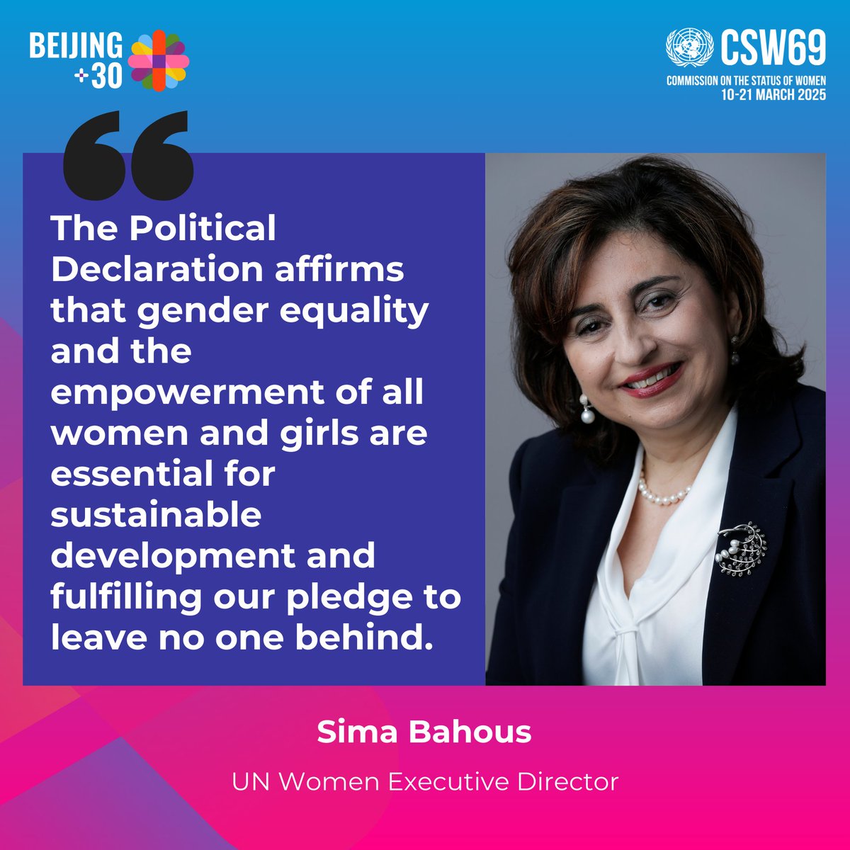 UN Women (@un_women) on Twitter photo Reflecting on the Political Declaration adopted at #CSW69, <a href="/unwomenchief/">Sima Bahous</a> said
“It affirms that gender equality & the empowerment of all women & girls are essential for sustainable development & fulfilling our pledge to leave no one behind.”
👉Full speech: unwo.men/r3zc50Vmpi2 Reflecting on the Political Declaration adopted at #CSW69, <a href="/unwomenchief/">Sima Bahous</a> said
“It affirms that gender equality & the empowerment of all women & girls are essential for sustainable development & fulfilling our pledge to leave no one behind.”
👉Full speech: unwo.men/r3zc50Vmpi2
