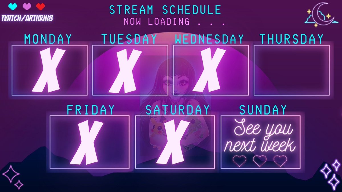 Arthrin8's tweet image. Schedule for this week!✨

#TwitchStreamers #TwitchAffilate #streamschedule #smallstreamerscommunity #GamerLife #GamersUnite #gamers #gamergirls #games #twitchtv #TwitchStreamers #streamer #streamergirls #gamer #videogames #pcgaming #horrorgames #facecam #twitchgaming