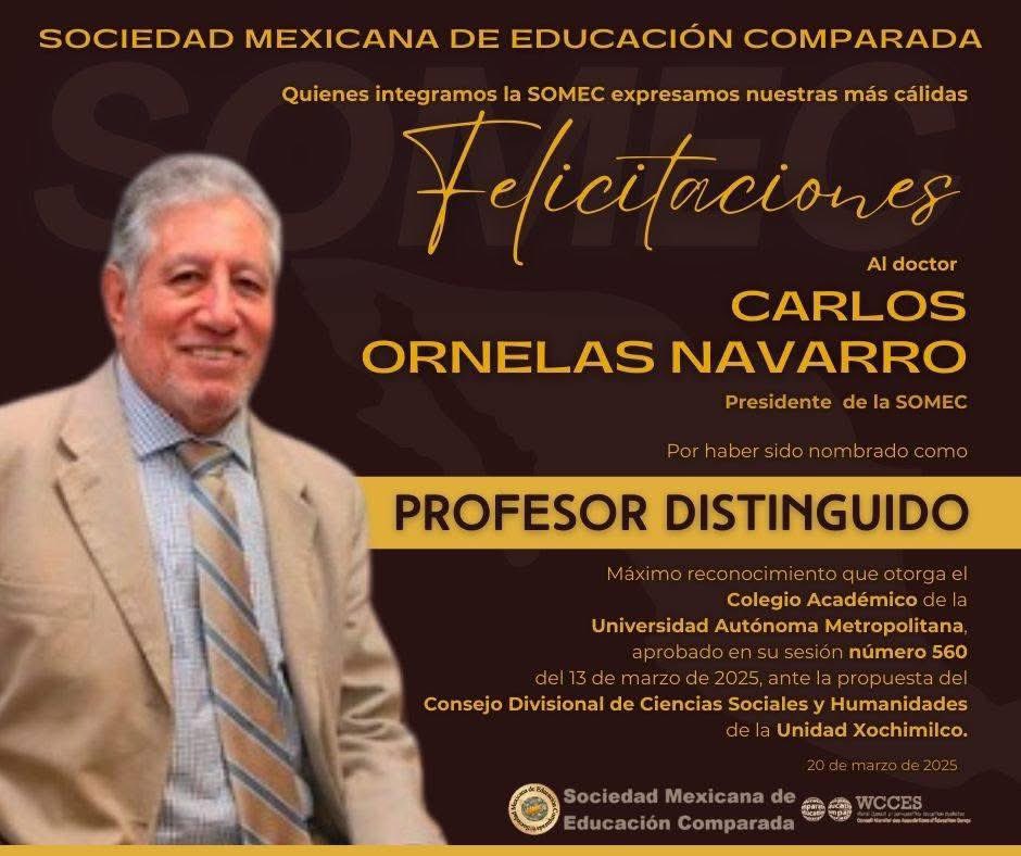 Sociedad Mexicana de Educación Comparada, SOMEC (@educomparada) on Twitter photo La SOMEC se congratula sobremanera por el nombramiento de Profesor Distinguido al Dr. Carlos Ornelas <a href="/CarlosOrnelasN/">Carlos Ornelas</a> que el Colegio Académico de la Universidad Autónoma Metropolitana aprobó otorgarle en su sesión número 560.
¡Ehorabuena!
#SOMEC #educacióninternacional #UAM La SOMEC se congratula sobremanera por el nombramiento de Profesor Distinguido al Dr. Carlos Ornelas <a href="/CarlosOrnelasN/">Carlos Ornelas</a> que el Colegio Académico de la Universidad Autónoma Metropolitana aprobó otorgarle en su sesión número 560.
¡Ehorabuena!
#SOMEC #educacióninternacional #UAM