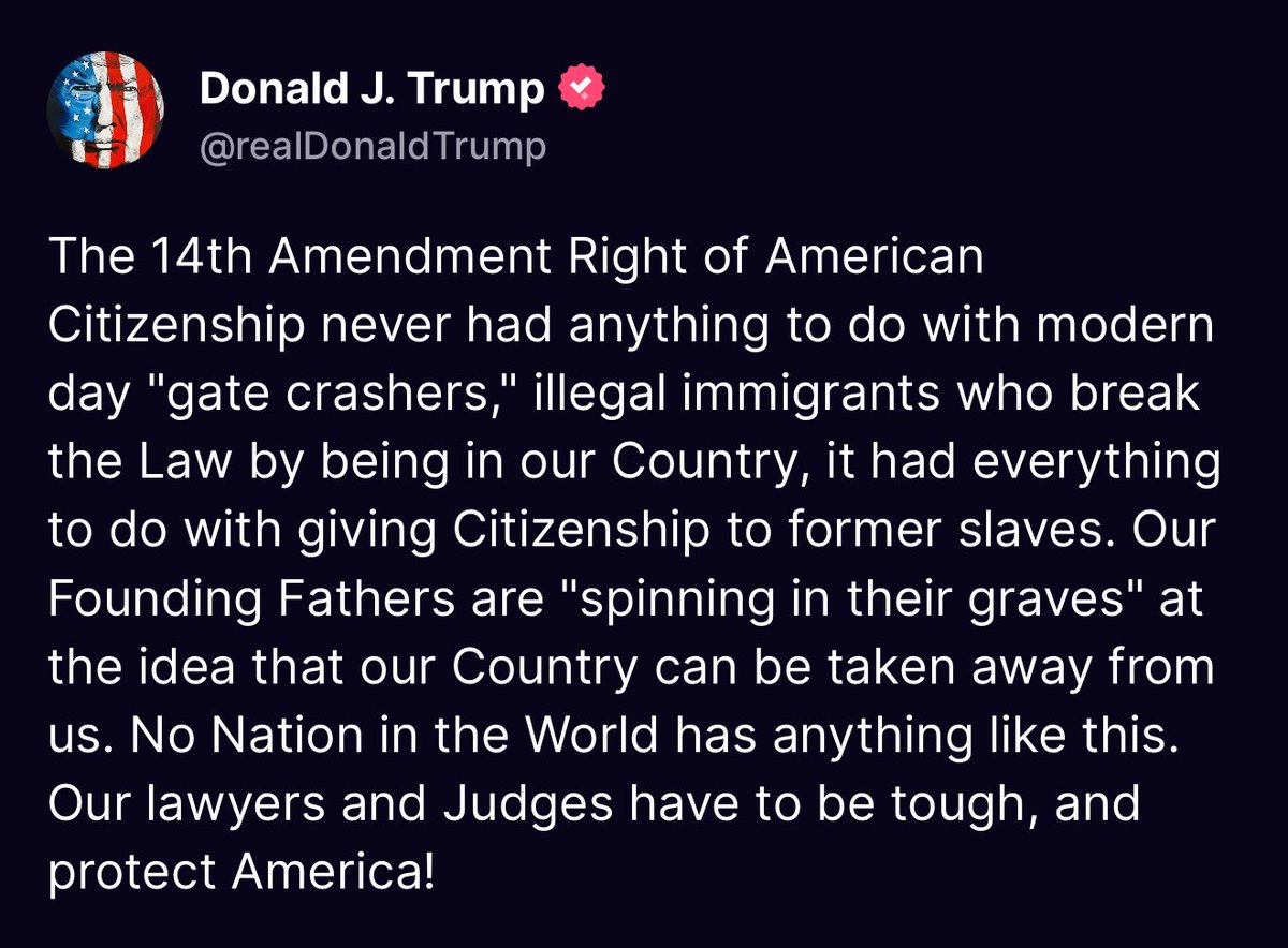 CADAmerican's tweet image. 🚨 TRUMP ON THE 14TH AMENDMENT &amp;amp; ILLEGAL IMMIGRATION

Trump sets the record straight: The 14th Amendment was never meant to reward illegal immigrants who break the law—it was about granting citizenship to freed slaves.