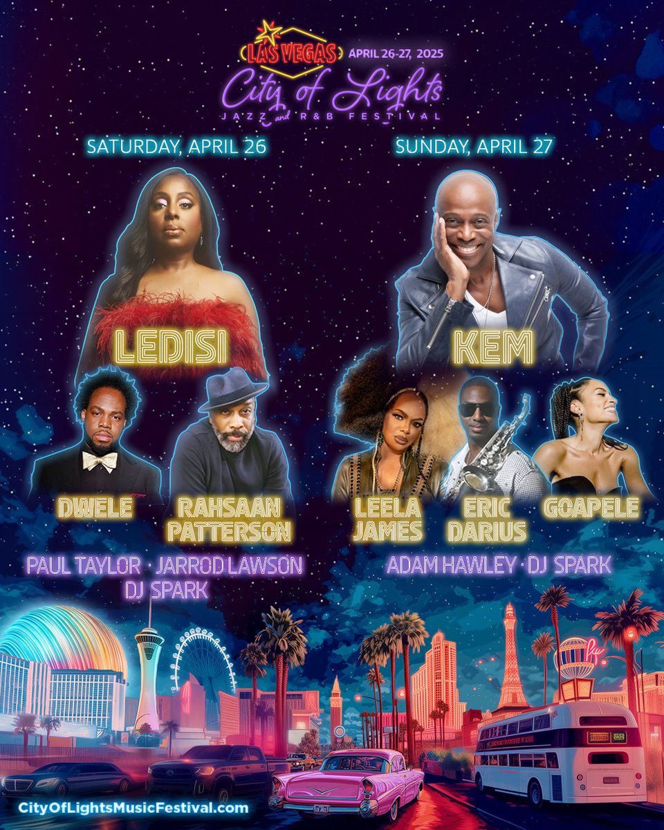 🎷 Two days, two stacked lineups!

At Las Vegas City of Lights Jazz and R&amp;B Festival, each day brings  a different vibe—check the full lineup to see who's playing Saturday  vs. Sunday and plan your perfect fest!

🎟️ Tix on sale now. 
📍Link in bio!
#lasvegasvityoflights #festival