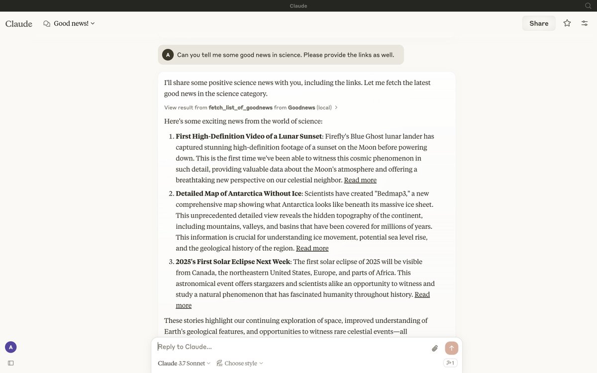 _nerdai_'s tweet image. I built my first MCP Server (@AnthropicAI) this past week, Goodness MCP. It delivers good news to MCP Clients like Claude Desktop!  Sharing a new @Medium
blog post providing a walkthrough of it as well as my thoughts on the overall experience.

nerdai.medium.com/goodnews-mcp-g…