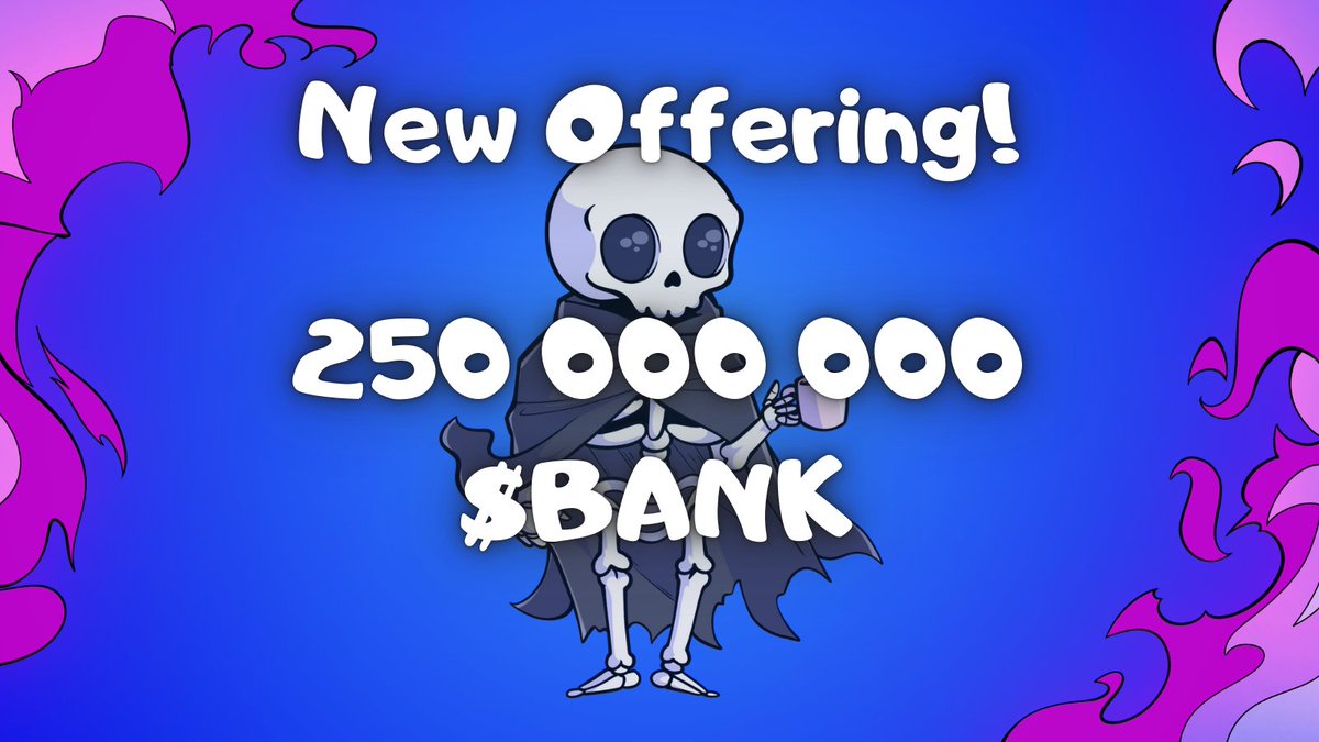 🔥A New Offering is live! Win 250M $BANK [worth 300+ $ADA] from <a href="/BankerLabs/">$BANK</a>!

6 000 $SKULLY / Offering (around 3 $ADA), unlimited entries.  

20% of the offerings also raffled between participants!

Find all the details in our Discord!