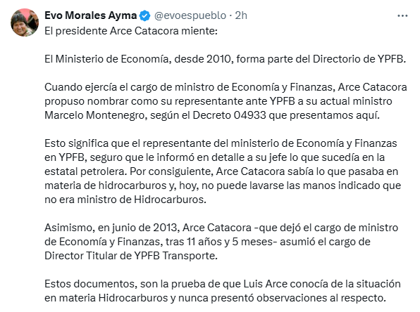 noticiasfides's tweet photo. 🔵 #ANF | 𝐄𝐕𝐎: 𝐀𝐑𝐂𝐄 𝐌𝐈𝐄𝐍𝐓𝐄
▶️Evo Morales recordó que el ministerio de Economía forma parte del Directorio de YPFB desde 2010, por lo que el exministro Luis Arce "sabía lo que pasaba en materia de hidrocarburos y hoy no puede lavarse las manos". https://t.co/V2MvvB6Pa2