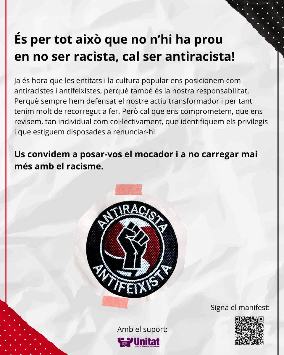 Diferents entitats culturals, amb el suport d'<a href="/UCFRcat/">UCFR #StopIslamofòbia #StopVOX</a>, ens sumem al manifest on ens comprometem a ser agents de canvi per a frenar el racisme i el feixisme a la nostra societat.

Aprofitem avui Dia per a l’Eliminació de la Discriminació Racial per a fer públic aquest compromís.