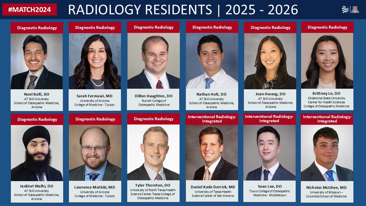 UArizona Department of Medical Imaging (@uazmedimaging) on Twitter photo Thrilled to announce our new <a href="/UofAZRads/">UArizona Radiology Residencies</a> & <a href="/ArizonaVIR/">University of Arizona VIR</a> residents! 🎉 Starting July 1, 2026, and July 1, 2025 (thanks to our recent IR compliment increase), these future radiology stars are ready to shine. Welcome to the team—we can’t wait to see all that you’ll achieve! #Match2025 Thrilled to announce our new <a href="/UofAZRads/">UArizona Radiology Residencies</a> & <a href="/ArizonaVIR/">University of Arizona VIR</a> residents! 🎉 Starting July 1, 2026, and July 1, 2025 (thanks to our recent IR compliment increase), these future radiology stars are ready to shine. Welcome to the team—we can’t wait to see all that you’ll achieve! #Match2025