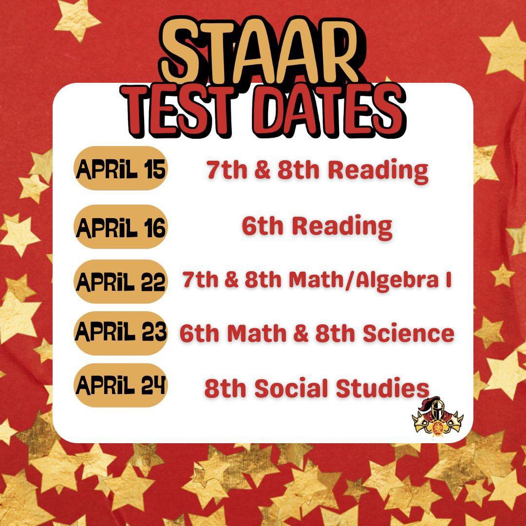 ⭐️Countdown to STAAR ⭐️

🗓️ April 15 &amp; 16
🗓️ April 22 – 24

Attendance is especially important during this time, as students are reviewing key concepts in class each day. Thank you for your continued support in helping your child succeed! 💪📚⭐️