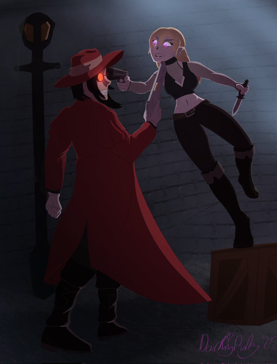 The first in a set of three planned pieces I want to draw with my vampire OC, Lula! In this one she can be seen picking a fight she won’t win, but she’s too angry to care.