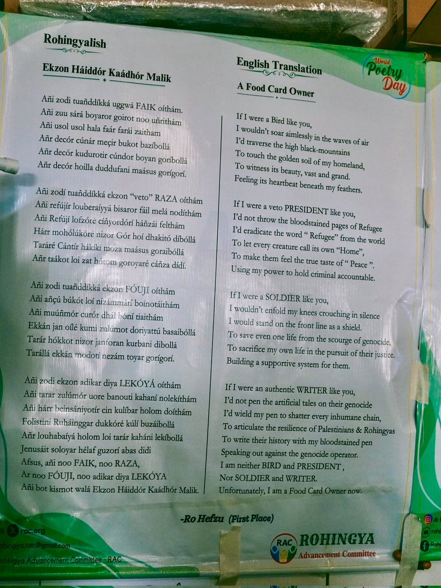 RoHefzu's tweet photo. ⭐World Poetry Day ⭐ 

As we celebrate World Poetry Day,

I am thrilled and pleased to be the only winner of this prestigious poetry competition organized by @Rohingya Advancedment Committee-RAC . I truly appreciate your incredible hospitality and welcoming. 

@RoHefzu https://t.co/Od4TlPA0nf
