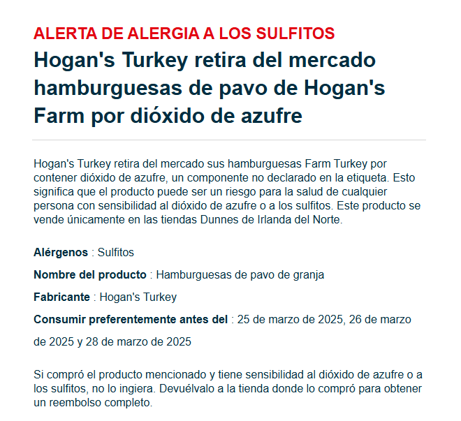 BIOCOLORISTA's tweet photo. #UNITEDKINGDOM #ALLERGY 
SULFITOS - SULPHITE ALLERGY ALERT
Hogan’s Turkey recalls Hogan’s Farm Turkey Burgers because of sulphur dioxide
Hogan’s Turkey is recalling its Farm Turkey Burgers because they contain sulphur dioxide which is not declared on the label. @AllergyUK1 https://t.co/IhpxAUEHQO