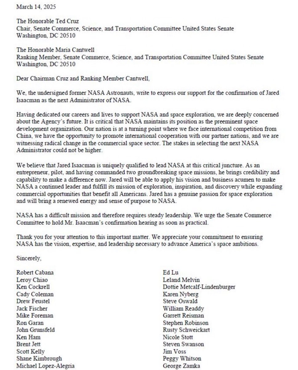 Toby Li (@tobyliiiiiiiiii) on Twitter photo 28 former NASA Astronauts have signed a letter to members of the Senate in support of <a href="/rookisaacman/">Jared Isaacman</a> for the position of NASA Administrator. Jared’s experience and spirit is what NASA needs right now as we face a critical fork in human lunar exploration.
“We believe that Jared 28 former NASA Astronauts have signed a letter to members of the Senate in support of <a href="/rookisaacman/">Jared Isaacman</a> for the position of NASA Administrator. Jared’s experience and spirit is what NASA needs right now as we face a critical fork in human lunar exploration.
“We believe that Jared