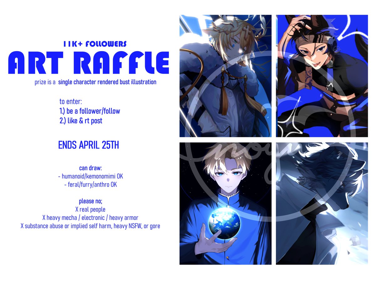 (#artraffle) been wanting to hold a raffle at 10K but here we are holding one at 11k!
thank you for all the support 💙

to join:
- be a follower/follow
- like &amp; RT

ends April 25th!

please do not comment refs to avoid spam!
thank you 💙
