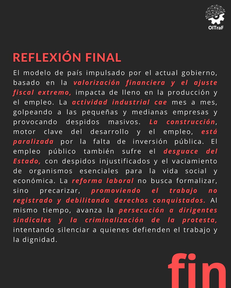OITraF1's tweet photo. 📉 Desde la asunción de Milei, se perdieron 209.422 puestos de trabajo registrados.

🤔 ¿Cómo impactó el modelo de valorización financiera en el empleo y la producción?

@InfoNodal @Diego_Lorca__
#Trabajo #Empleo #Milei #Ajuste #Precarización #Industria #Construcción #Argentina https://t.co/Q43rLXdDbE