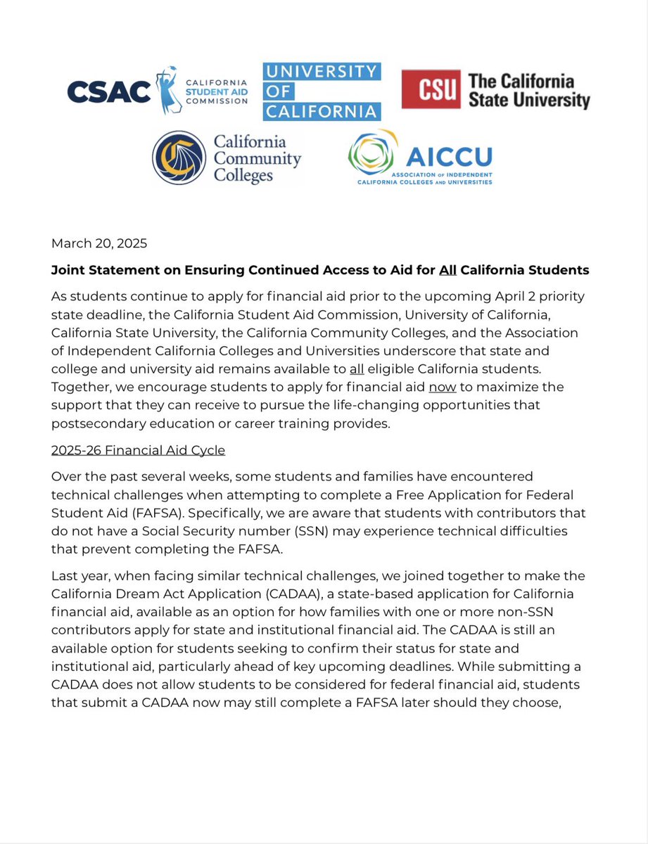 daisygonzales's tweet photo. In #California we are staying united &amp; student-centered. 
@castudentaid @CalCommColleges @UC_Newsroom @calstate @aiccucal unite to remind mixed status families that they have options &amp; we believe in their dreams.
Thank you @sonyachristian @UCPrezDrake @KristenSoares1 @CSUdrG ! https://t.co/3XzpLZhLfQ