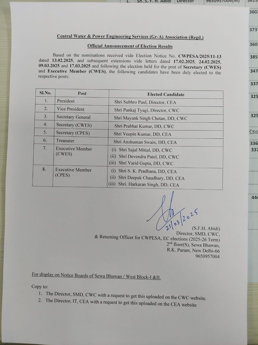 Congratulations to all members of the new Executive Committee of <a href="/CWPESA/">Central Water & Power Engg Services Association</a>
