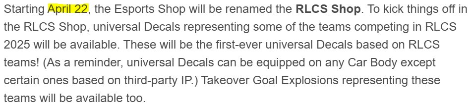 RLCS major starts                  March 27th
New Team-decals                  April     22nd

???
Why don't they release new decals before the major?