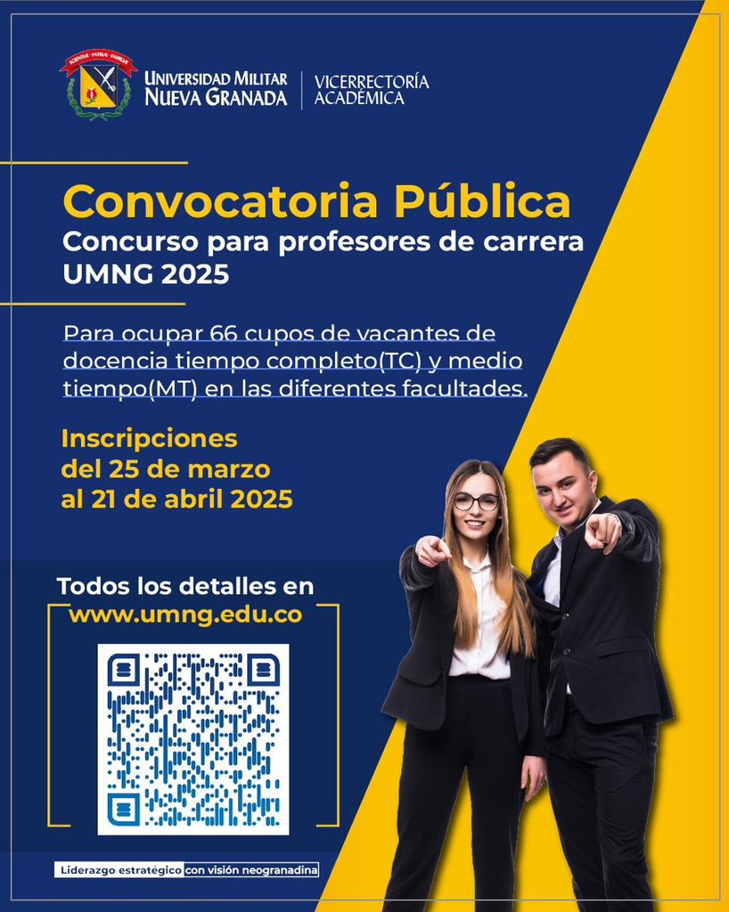 🔹 66 vacantes disponibles para docencia en tiempo completo (TC) y medio tiempo (MT) en diferentes facultades.

📅 Inscripciones del 25 de marzo al 21 de abril de 2025
Consulta los requisitos y postúlate en nuestro sitio web, haciendo clic en shorturl.at/szxoU