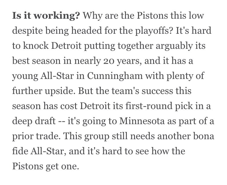 Hey <a href="/KuKhahil/">Ku</a> what are your thoughts on this Tim Bontemps article ranking Pistons at #8 for re-building teams? His reason: Pistons have been too good this year and have given up their first round pick to MIN. 😂