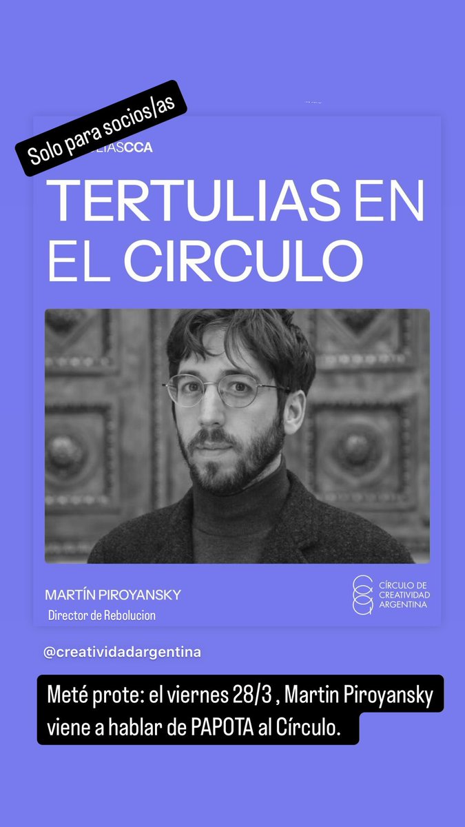 Inauguramos el ciclo de Tertulias CCA con el gran Martín Piroyasnky 

#Agendate 

📌 Viernes 28 de marzo- 19hs.

📍En la sede del Círculo - Aguirre 1543

😎 Solo para Socios/as CCA - con inscripción previa: circulo@creatividadargentina.org

🏃‍♀️🏃‍♂️ Cupos limitados !