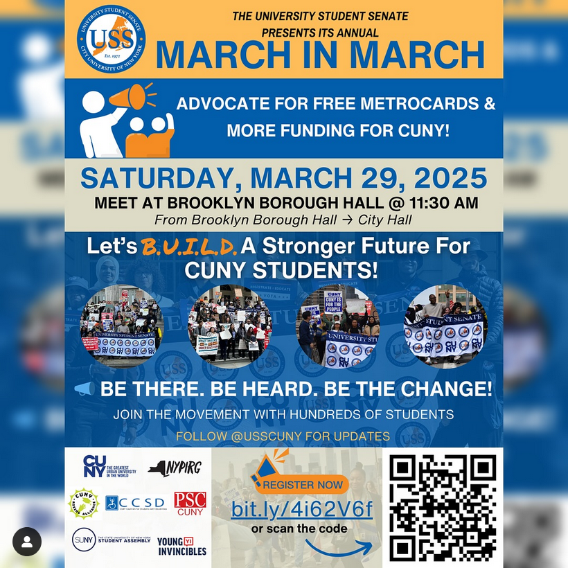 CUNYRising's tweet image. March in March for CUNY on March 29th!

Join us as we gather at Brooklyn Borough Hall &amp;amp; march across the Brooklyn Bridge, calling for free MetroCards for CUNY students and more funding for CUNY!⤵️
docs.google.com/forms/d/e/1FAI…