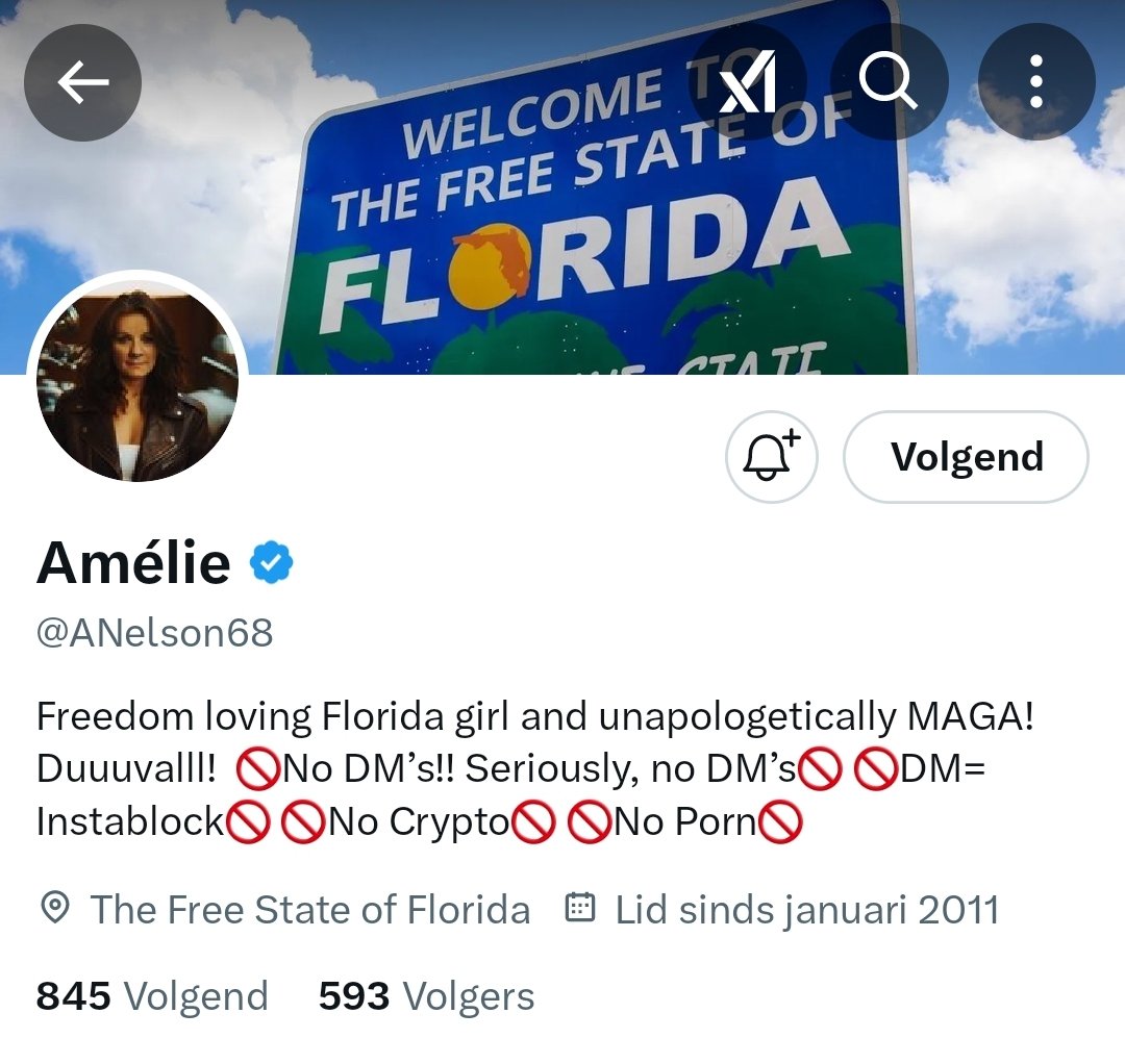 Dear X friends,

Here's a freedom loving Florida patriot who wants to connect with all of you:

<a href="/ANelson68/">Amélie</a> ❤️ 

She's 100% MAGA and will follow back!

It would be so cool if we could lift her over the 1K mark tonight!!!
