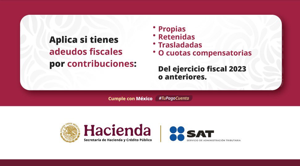 Si tienes adeudos fiscales, aprovecha el programa de Regularización Fiscal. Según sea tu caso, puedes pagar hasta en 6 parcialidades.

Para más información, visita el minisitio en omawww.sat.gob.mx/Adeudos_Fiscal…

Cumple con México #TuPagoCuenta
