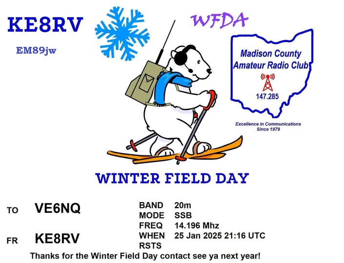 QSL card received by CARA after 2025 Winter Field Day.