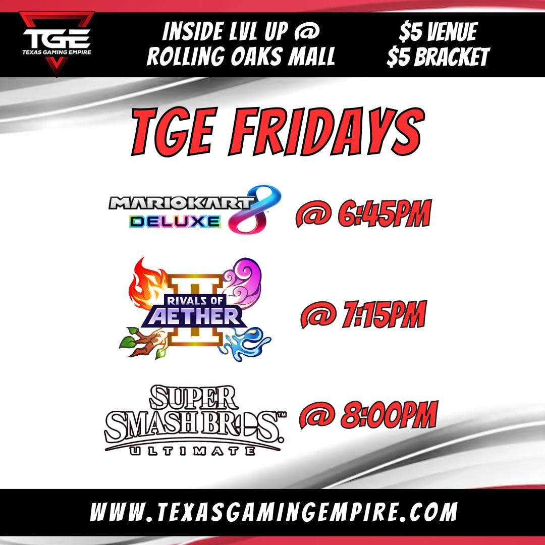 TGE Fridays, EVERY FRIDAY!
Mario Kart Deluxe 8 @ 6:45pm
Rivals of Aether 2 @ 7:15pm
Super Smash Bros. Ultimate @ 8pm

For Mario Kart and Smash, register at this link:

start.gg/tournament/tge…

For Rivals, register at this link:

start.gg/tournament/tge…