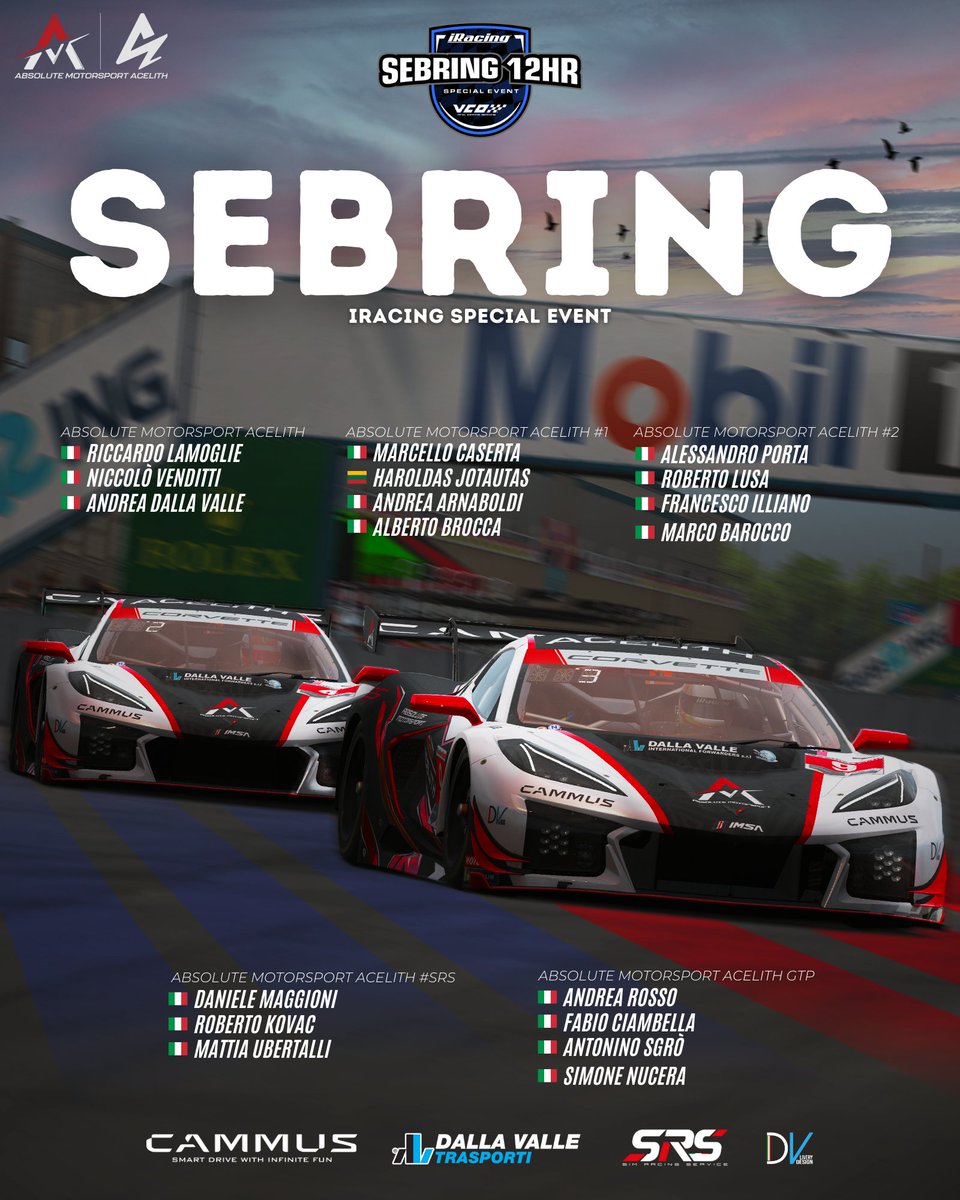 #iracing | #esports | #officialevent
🏅12H Sebring VCO  - iRacing 🏅

Are you ready for Sebring?
May Fortune assist us 😬
Race start 13.00
Good luck guys 💪

#simracing #iracingofficial #Cammus #sebring #endurance #Sebring12 #specialevents