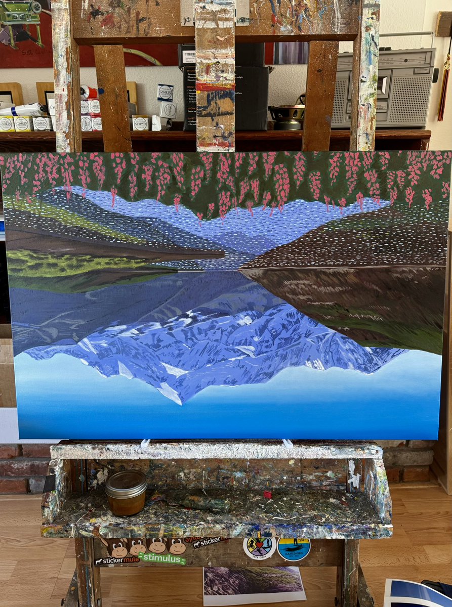 RealArtIsBetter's tweet photo. Sometimes it’s easier to work on a painting upside down. Finishing up this commission of… guess which mountain (not Denali). https://t.co/UT7i4pjybq