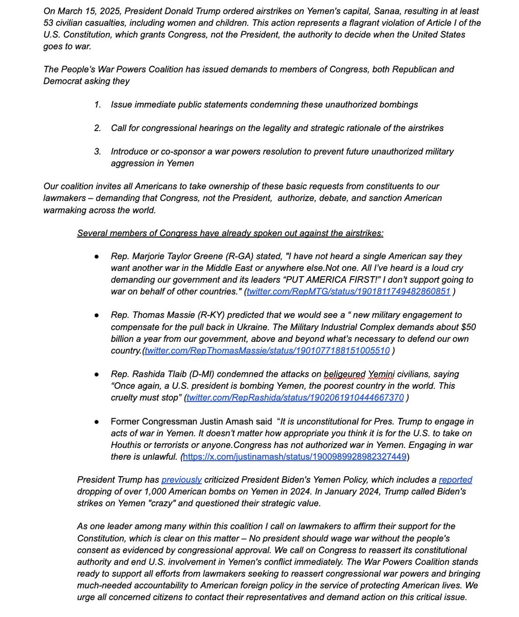 etanmab's tweet photo. The War Powers Coalition, a bipartisan group of anti-war activists, constitutional conservatives, veterans, and grassroots pro-peace organizers, is calling on all members of Congress to reaffirm congressional war powers and take immediate action to stop the unauthorized U.S. bombing of Yemen.
