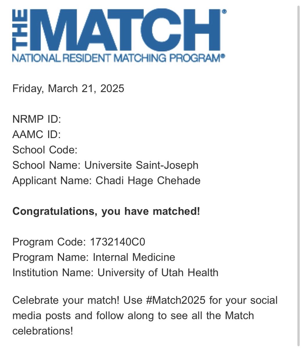 Chadi Hage Chehade (@chadihc98) on Twitter photo Thrilled to have matched <a href="/UofUInternalMed/">University of Utah Department of Internal Medicine</a> for my internal medicine residency training! Can't wait to get started! <a href="/UtahIMCMRs/">Utah IM CMRs</a>
Grateful for the terrific support of my family, friends, and mentors <a href="/neerajaiims/">Neeraj Agarwal, MD, FASCO</a> <a href="/umangtalking/">Umang Swami</a> <a href="/maughanonc/">Benjamin L Maughan</a> <a href="/Huntsman_GU/">GU Cancer Research Program @HuntsmanCancer</a> !
#Match2025 Thrilled to have matched <a href="/UofUInternalMed/">University of Utah Department of Internal Medicine</a> for my internal medicine residency training! Can't wait to get started! <a href="/UtahIMCMRs/">Utah IM CMRs</a>
Grateful for the terrific support of my family, friends, and mentors <a href="/neerajaiims/">Neeraj Agarwal, MD, FASCO</a> <a href="/umangtalking/">Umang Swami</a> <a href="/maughanonc/">Benjamin L Maughan</a> <a href="/Huntsman_GU/">GU Cancer Research Program @HuntsmanCancer</a> !
#Match2025