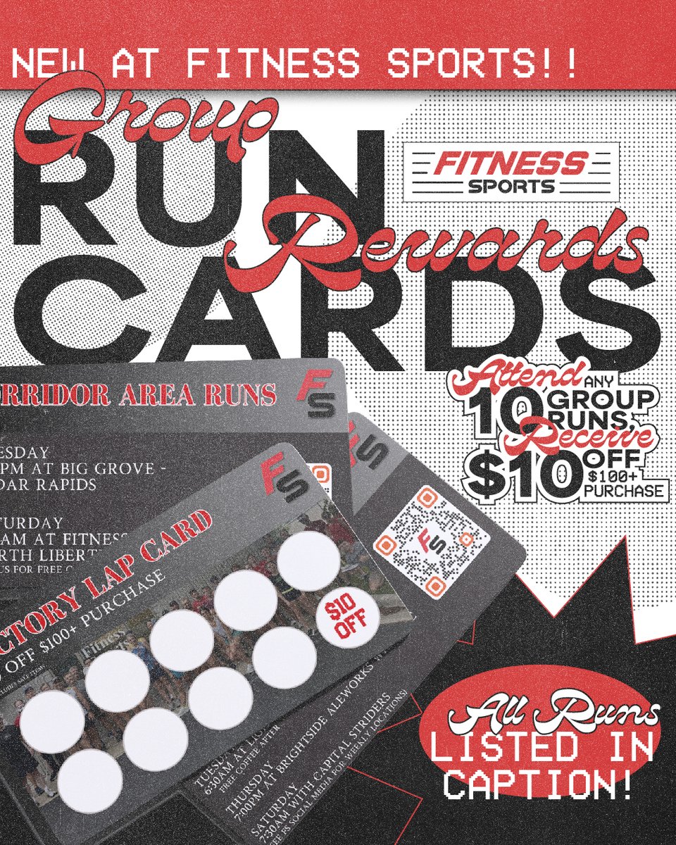 FitnessSportsIA's tweet photo. Brand new at Fitness Sports! Now introducing group run rewards cards! Pick up a victory lap card at any Fitness Sports store and receive a stamp every time you attend a group run. Your tenth stamp earns you $10 off a purchase of $100 or more! 👟 All runs listed on Instagram/FB! https://t.co/YHAaURvyOn