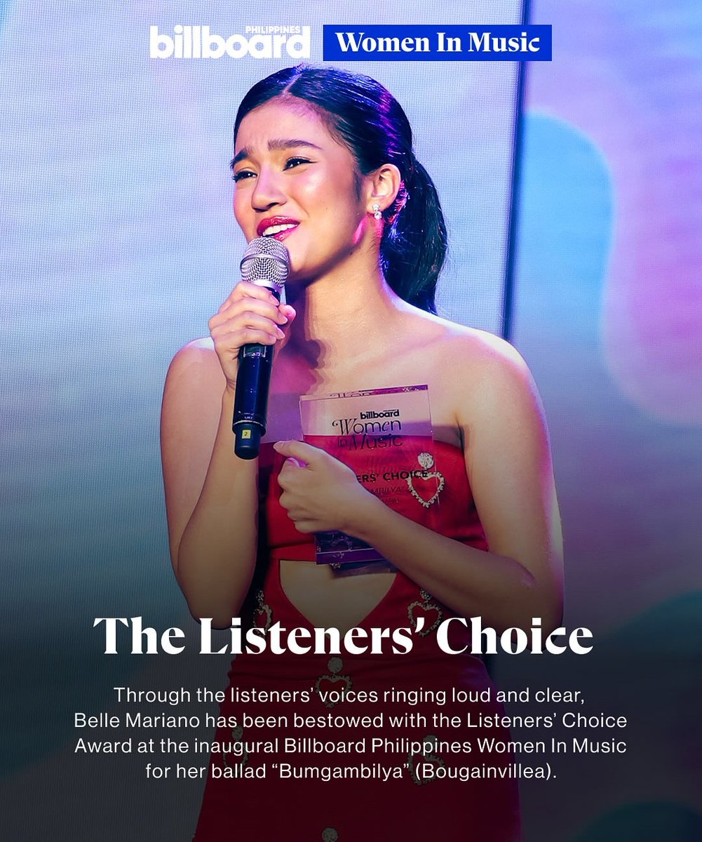 Belle Mariano has been bestowed as the <a href="/BBPHOfficial/">Billboard Philippines</a> First Filipina Listeners' Choice Award at the inaugural Billboard Philippines #WomenInMusic for her Ballad "Bugambilya" <a href="/bellemariano02/">Belle Mariano</a>

#BelleMariano 
#BillboardPhilippines 
#BillboardPH 
[BillboardPH IG Post. Link below]
