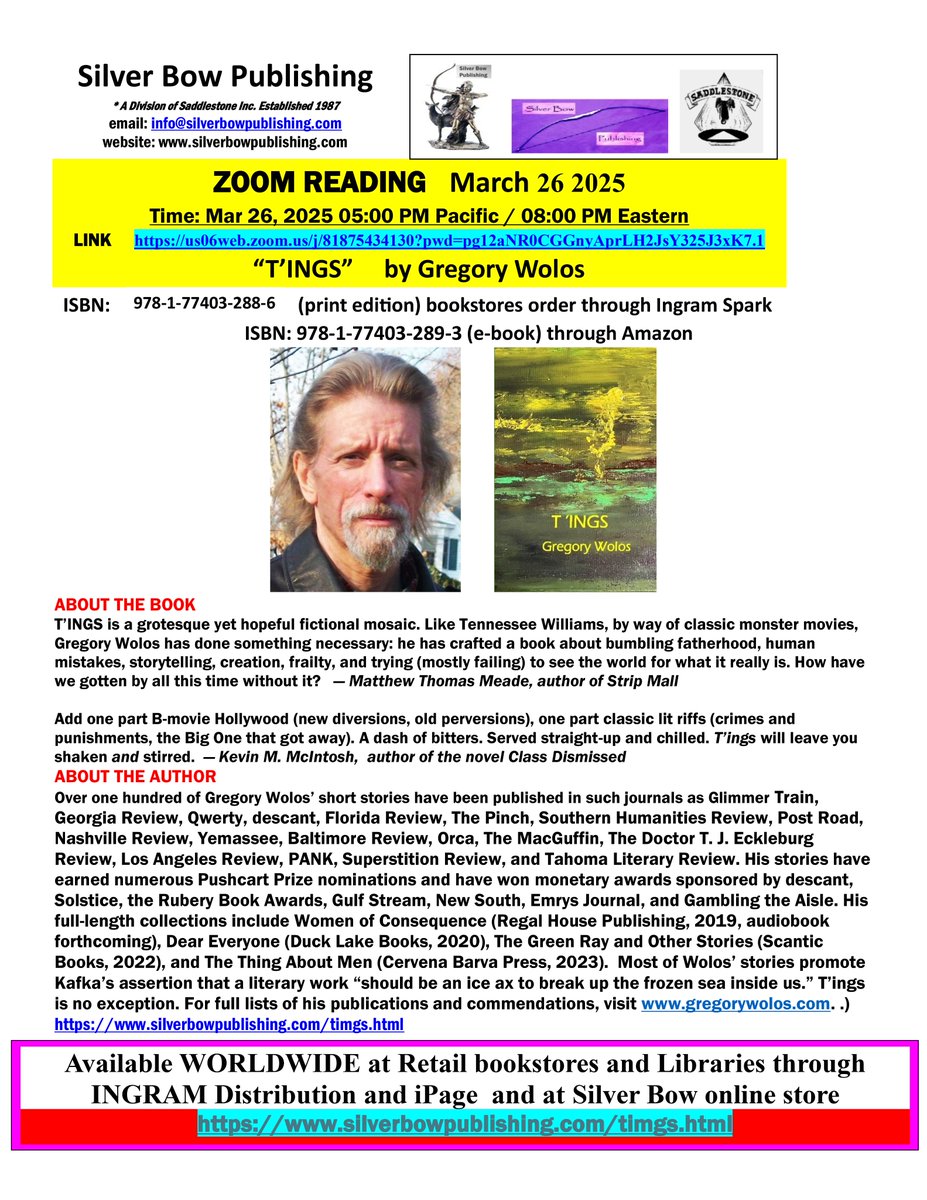 silverbowpub's tweet image. T'INGS by Gregory Wolos ZOOM on Mar 26, 2025