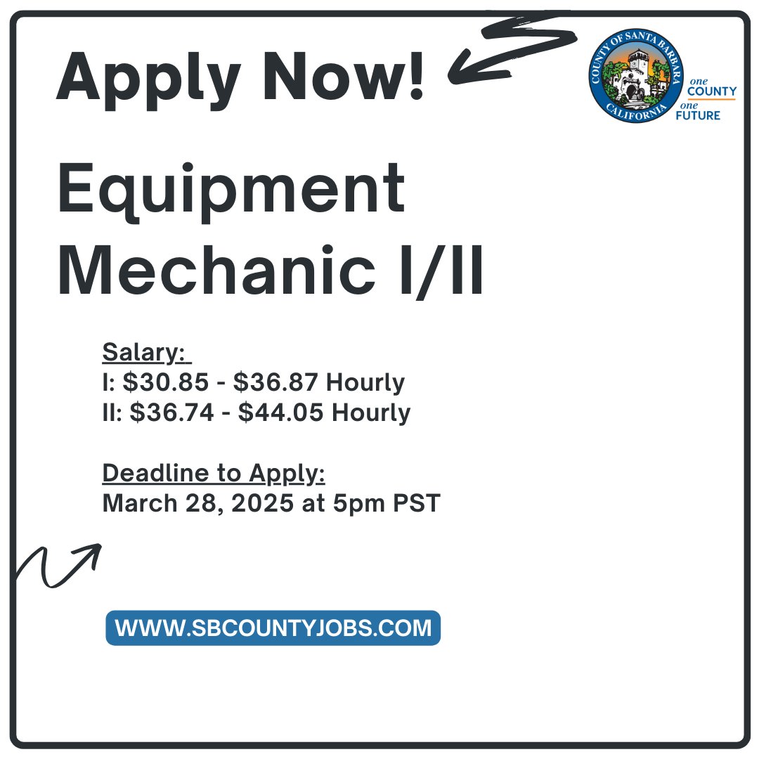 CountySBCareers's tweet image. We are accepting applications to fill 1 full time Equipment Mechanic vacancy in the Resource Recovery & Waste Management Division of the Public Works Department in Santa Barbara. Please visit SbCountyJobs.com. The deadline to apply is 3/28/25 at 5pm. #ApplyNow