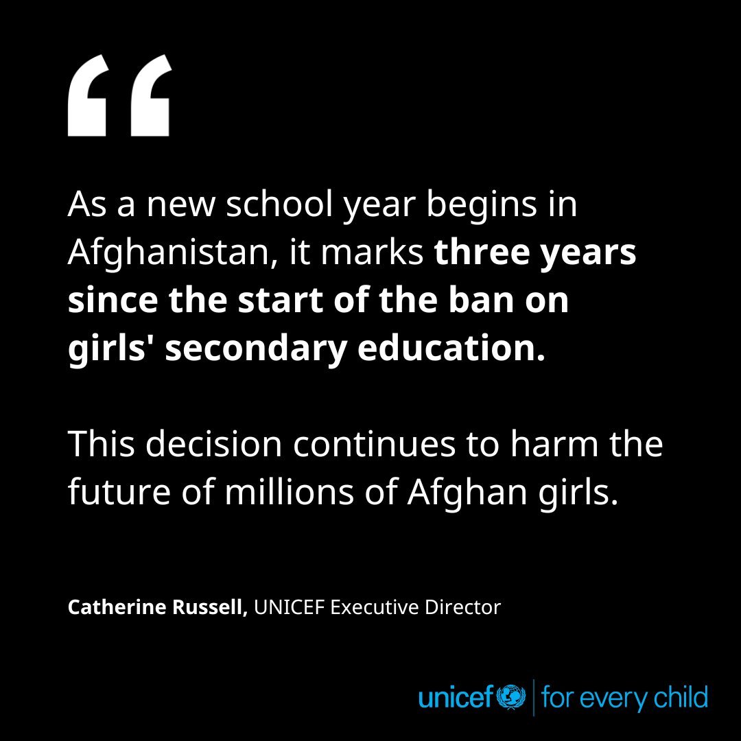 UNICEF (@unicef) on Twitter photo As the new school year starts in Afghanistan, almost 400,000 more girls are deprived of their right to education, bringing the total to 2.2 million.
All girls in Afghanistan must be allowed to return to school now.
<a href="/unicefchief/">Catherine Russell</a>'s statement: unicef.org/press-releases… As the new school year starts in Afghanistan, almost 400,000 more girls are deprived of their right to education, bringing the total to 2.2 million.
All girls in Afghanistan must be allowed to return to school now.
<a href="/unicefchief/">Catherine Russell</a>'s statement: unicef.org/press-releases…