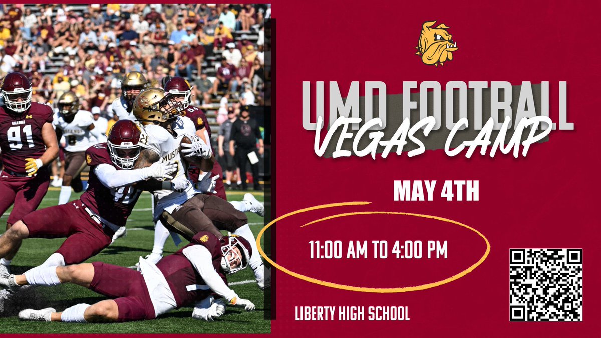 🚨Las Vegas Athletes🚨

UMD Football is hosting a satellite Camp in your city! Make sure you get signed up for your chance to be evaluated live by our staff and others! 

Registration 🔗: bulldogsfootballcamps.totalcamps.com/shop/product/4…

#EarnIt | #GoDogs