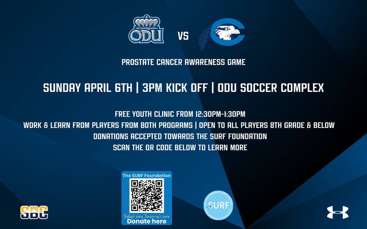 Giving back for Prostate Cancer!

Excited to team up with Chowan Mens Soccer and provide a free clinic for all before we play on Sunday April 6th

To sign up please visit the link in our bio and scan the QR code to visit the donation link

docs.google.com/spreadsheets/d…

#ODUSports
