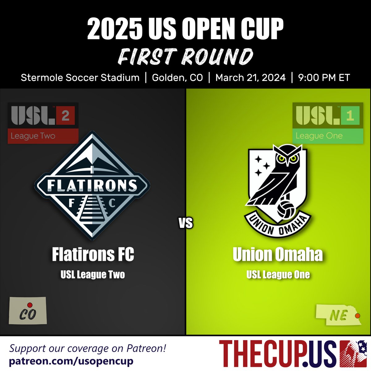 #USOC2025 R1: A day later than expected, but <a href="/Union_Omaha/">Union Omaha</a>  (USL-1) travels to <a href="/flatirons_fc/">Flatirons FC - Pro Development</a>  (USL-2) to wrap up the first round. The game kicks off at 9pm Eastern. BROADCAST (YT) >> youtube.com/watch?v=XP2hLO…