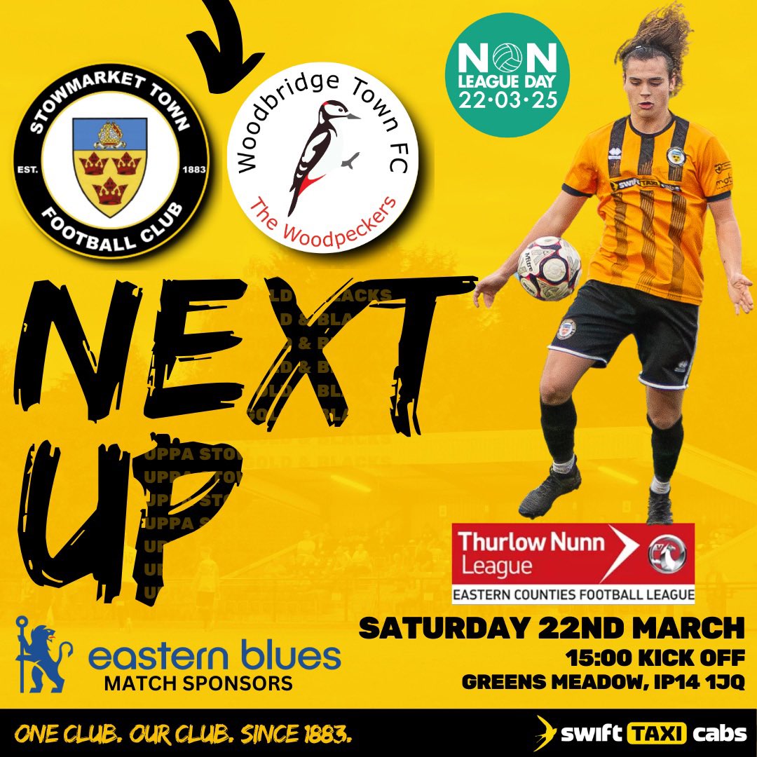 💛🖤 ミ★ 𝙏𝙊𝘿𝘼𝙔! ★彡 🖤💛

It’s <a href="/nonleaguedayuk/">Non-League Day</a> so come and watch your local team! 📣🥁

🆚 <a href="/Woodbridgetown/">Woodbridge Town FC</a> 
📆 Saturday 22nd March 2025
⏰ Kick-off 15:00
🍺 Bar open from 12:00
🍔 Food available
🎟️ 50/50 ticket draw
🦘 Groundhoppers welcome!
🤝 Sponsored by <a href="/EasternBlues/">Eastern Blues</a>