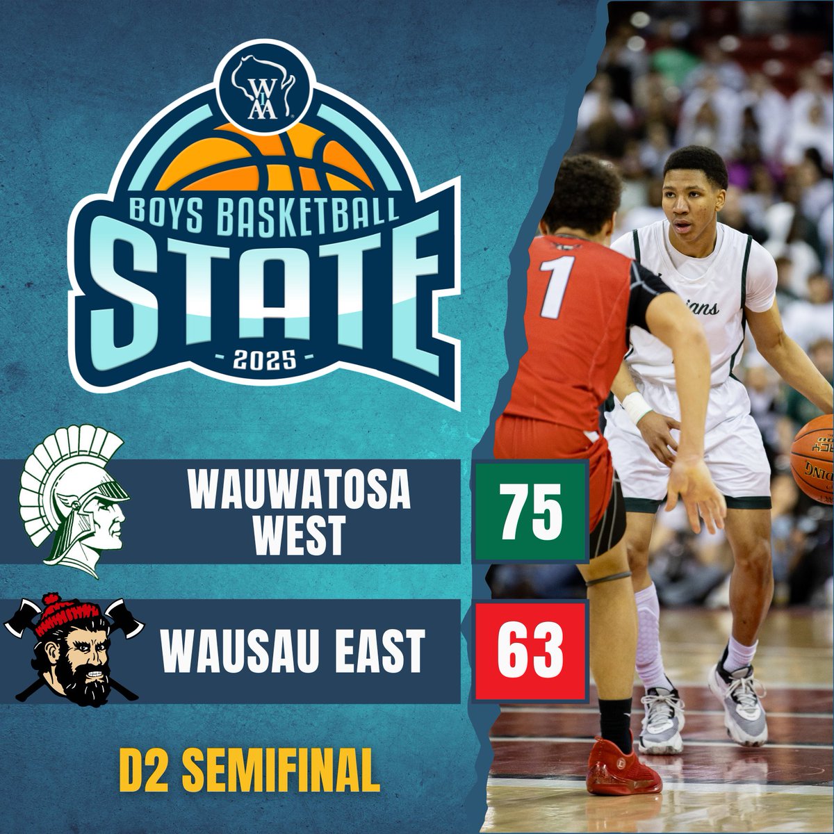 The Wauwatosa West Trojans take down Wausau East to earn their place in Saturday's D2 State Championship, on their first trip to the State Tournament!

Jalen Brown and Matthew Kloskey had 22 points apiece for the Trojans. Jesse Napgezek led Wausau East in scoring with 21 points.