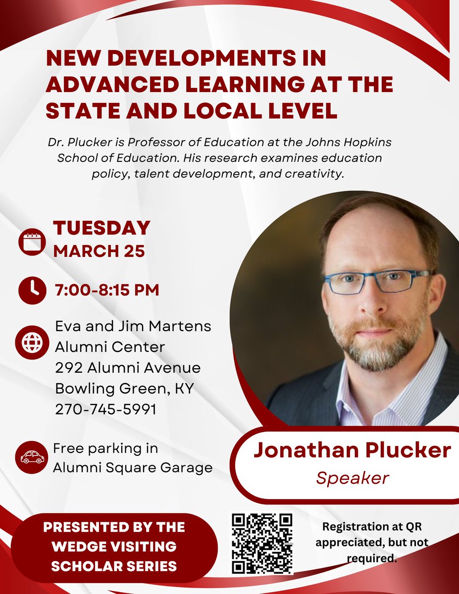 jlrgifted's tweet image. Mark your calendar to come Tuesday to hear Jonathan Plucker talk about New Developments in Advanced Learning. @WKUCEBS @WKU @NAGCGIFTED @KAGEgifted @GattonAcademy