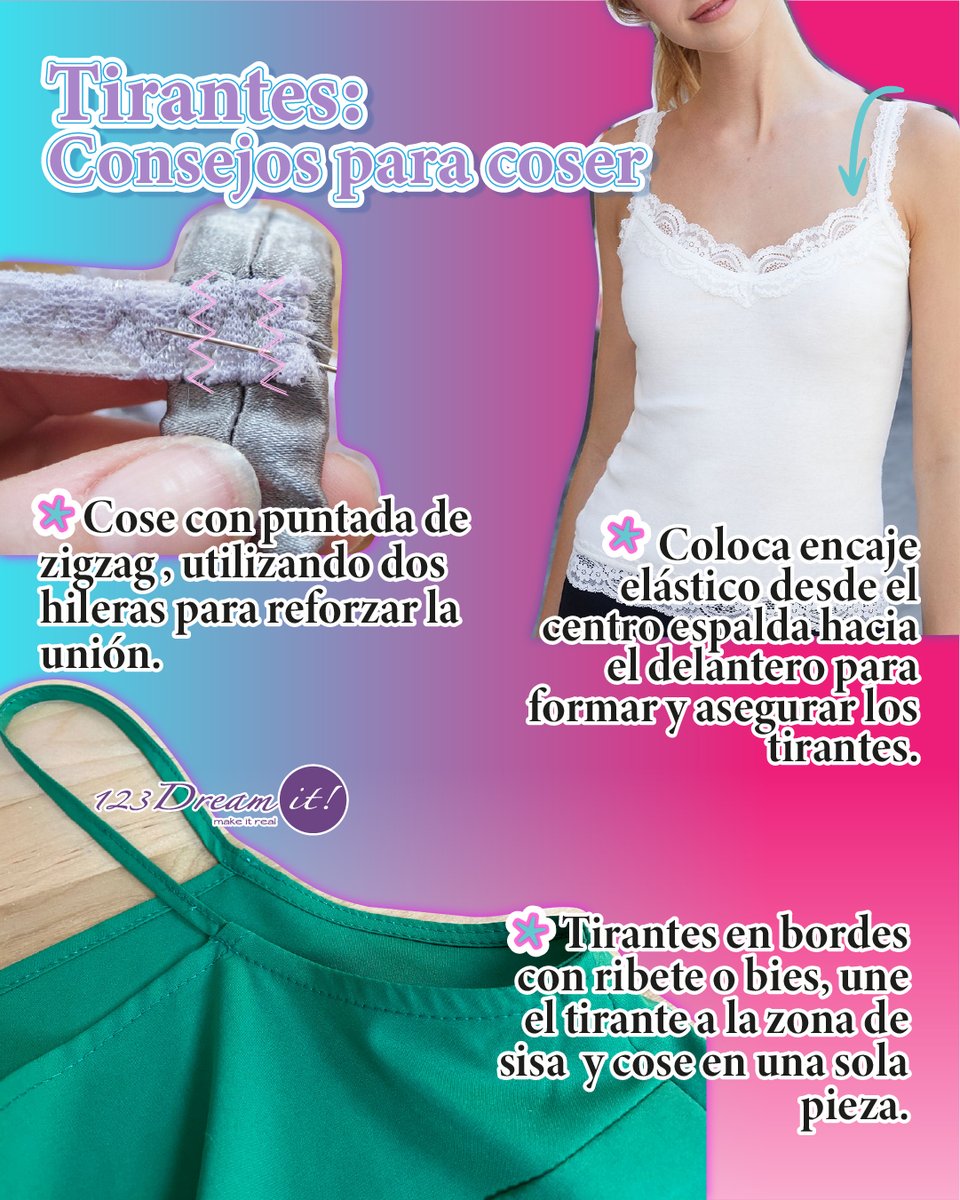 123dreamit's tweet image. 🪡👗 ¿Tirantes delgaditos? ¡Sí, por favor! 💖 Descubre 3 formas de hacer tirantes de &quot;espagueti&quot; como una experta. 🧷 Corre a ver el paso a paso en las siguientes imágenes que preparamos para ti. #DIYModa #CosturaFácil #123Dreamit