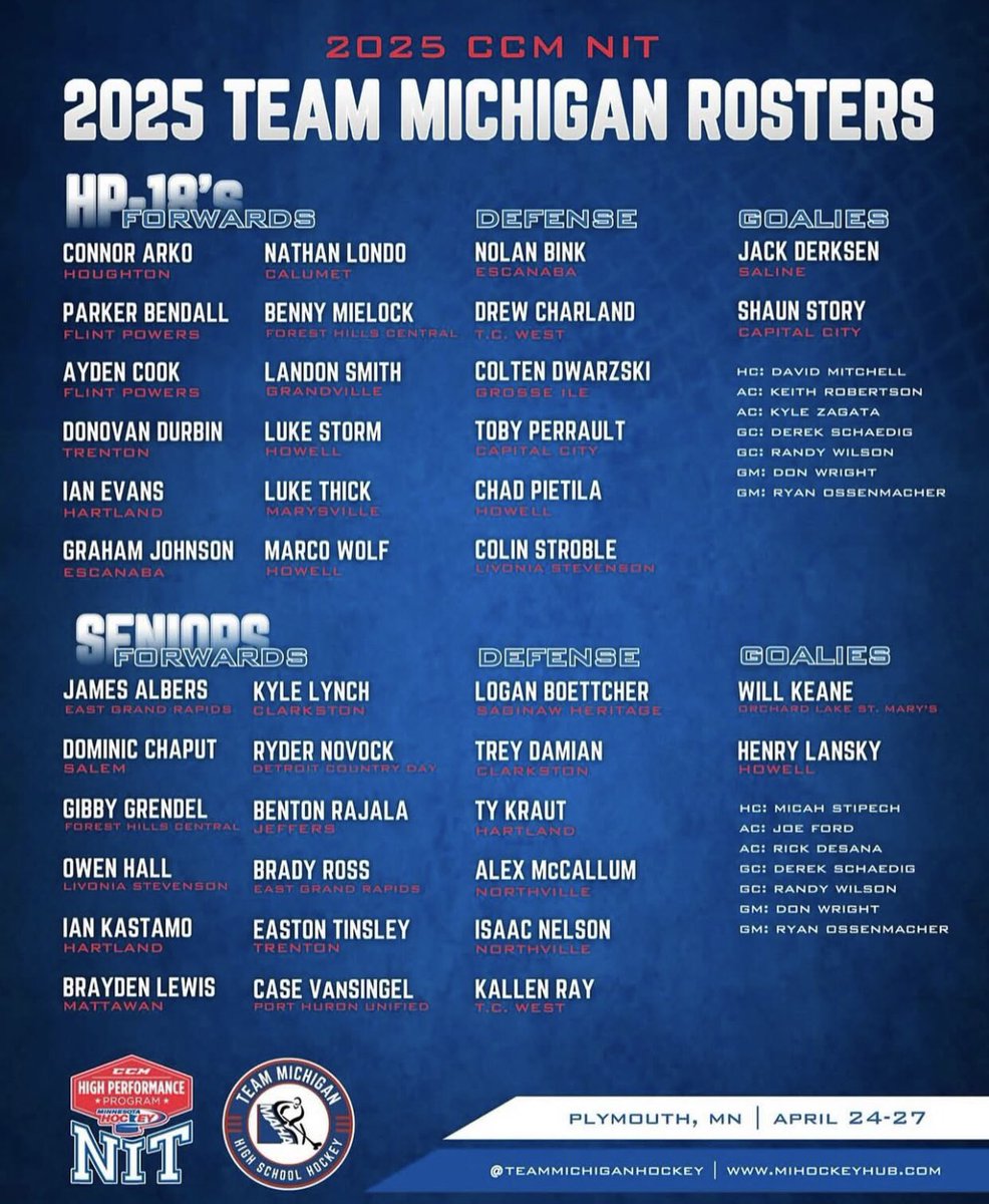 Congratulations to Junior goalie, Shaun Story, for being selected to Team Michigan!

Shaun and other top players from Michigan High School Hockey travel to Minnesota in April for the prestigious CCM NIT. They will faceoff against the top players from MN, WI, ND, and CO.