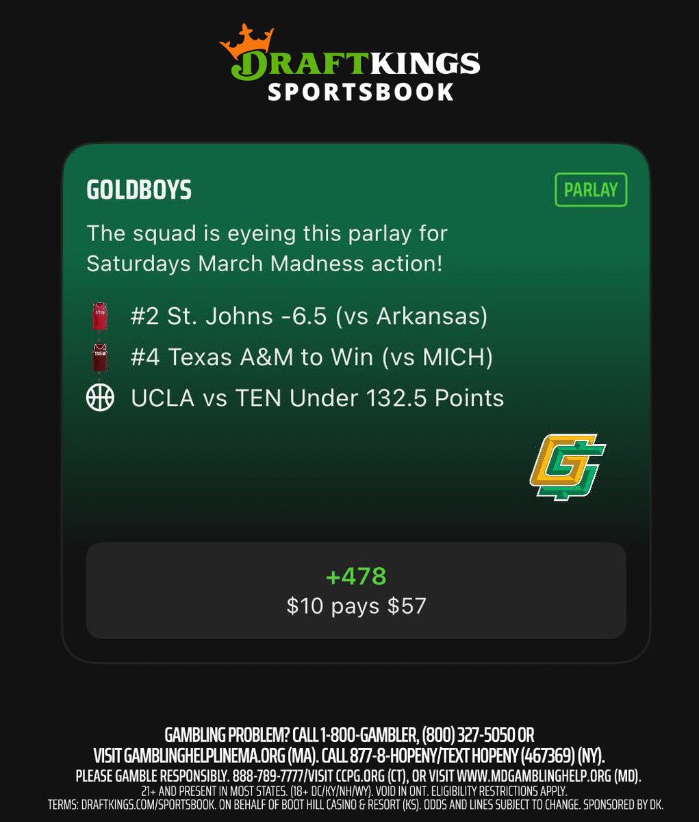 GoldBoys.com (@goldboyssupport) on Twitter photo 🚨 SQUAD RIDE! 🚨
Time for another #SquadRide on <a href="/DKSportsbook/">DraftKings Sportsbook</a> 👑
$100 to five people if this WINS! 🤞
To enter : ⤵️
1️⃣ Like
2️⃣ Retweet
3️⃣ TAIL the parlay on <a href="/DKSportsbook/">DraftKings Sportsbook</a>
Open the DK app, click on March Madness, scroll over to GoldBoys! ✅
#DkPartner 🚨 SQUAD RIDE! 🚨
Time for another #SquadRide on <a href="/DKSportsbook/">DraftKings Sportsbook</a> 👑
$100 to five people if this WINS! 🤞
To enter : ⤵️
1️⃣ Like
2️⃣ Retweet
3️⃣ TAIL the parlay on <a href="/DKSportsbook/">DraftKings Sportsbook</a>
Open the DK app, click on March Madness, scroll over to GoldBoys! ✅
#DkPartner