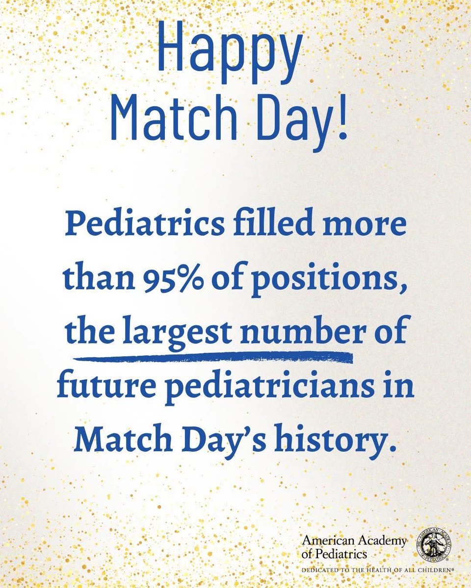 Great news from <a href="/AmerAcadPeds/">American Academy of Pediatrics</a>. 

“On Match Day, #Pediatrics filled more than 95% of positions offered in the Main Residency Match, the largest number of future pediatricians in Match Day’s history. In all, 3,043 residents matched to categorical and primary pediatrics compared to