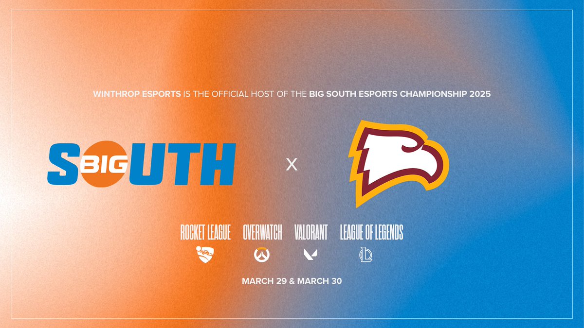 We are thrilled to announce that Winthrop Esports will officially be hosting the 2025 Big South Esports Championship on March 29th &amp; 30th. Top 4 schools from the conference in Rocket League, Overwatch, VALORANT and League of Legends are invited to the Winthrop Esports facility in